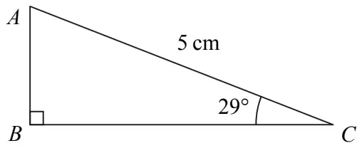 Right-angled triangle ABC with the right angle at B, AC = 5 cm and angle ACB = 29 degrees