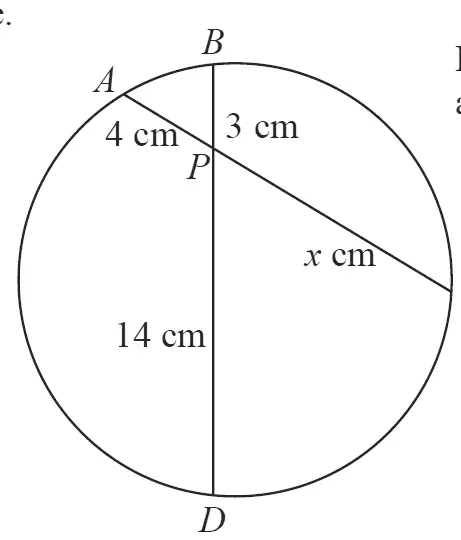 Circle with chords APC and BPD crossing at P; AP = 4 cm, BP = 3 cm, PD = 14 cm and PC = x cm