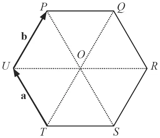 Regular hexagon PQRSTU with centre O; TU marked a and UP marked b