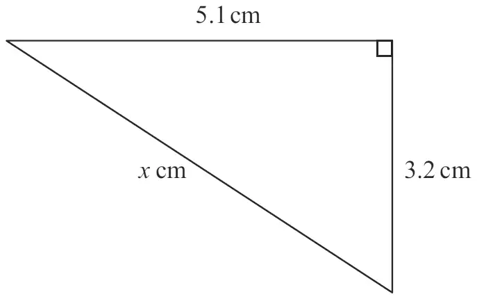 Right-angled triangle with sides 5.1 cm and 3.2 cm about the right angle and hypotenuse x cm