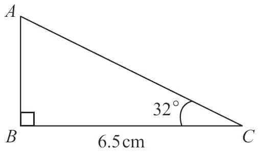 Right-angled triangle ABC with the right angle at B, BC = 6.5 cm and angle C = 32 degrees