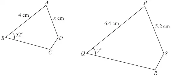 Quadrilateral ABCD with AB = 4 cm, AD = x cm and angle ABC = 52 degrees; quadrilateral PQRS with PQ = 6.4 cm, PS = 5.2 cm and angle PQR = y degrees