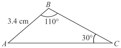 Triangle ABC with AB = 3.4 cm, angle ABC = 110 degrees and angle ACB = 30 degrees