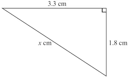 Right-angled triangle with sides 3.3 cm and 1.8 cm about the right angle and hypotenuse x cm