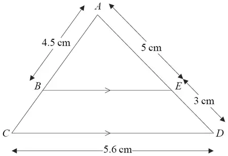Triangle ACD with B on AC and E on AD, BE parallel to CD; AB = 4.5 cm, AE = 5 cm, ED = 3 cm, CD = 5.6 cm