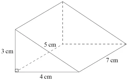 Triangular prism: right-angled triangular cross-section with sides 3 cm, 4 cm and 5 cm; length 7 cm