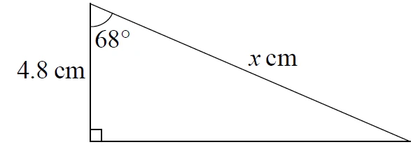 Right-angled triangle: vertical side 4.8 cm, hypotenuse x cm, angle 68 degrees between them at the top