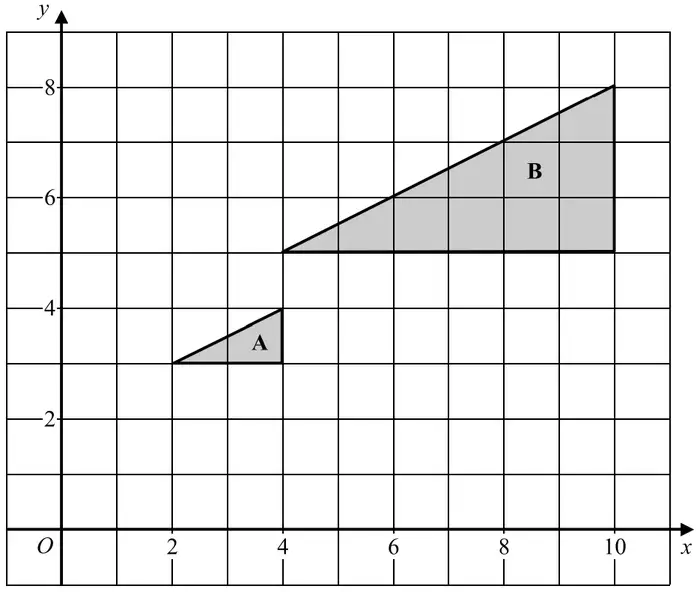 Grid with x from 0 to 11 and y from 0 to 9; triangle A with vertices (2, 3), (4, 3), (4, 4); triangle B with vertices (4, 5), (10, 5), (10, 8)