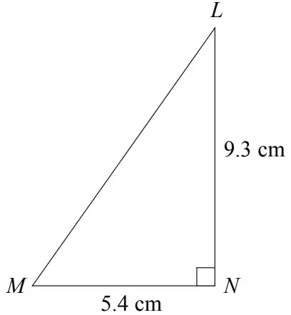 Triangle LMN right-angled at N with MN = 5.4 cm horizontal and LN = 9.3 cm vertical