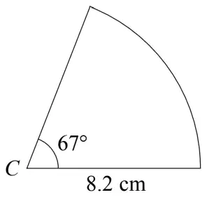 Sector of a circle with centre C, radius 8.2 cm and angle 67 degrees