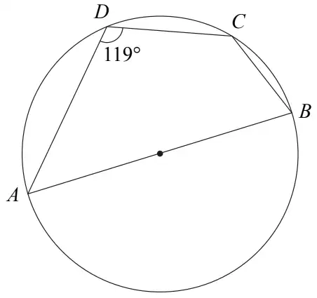 Circle with points A, B, C, D on it; AB a diameter through the centre; angle ADC = 119 degrees