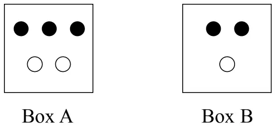 Box A with 3 black and 2 white counters; Box B with 2 black and 1 white counter