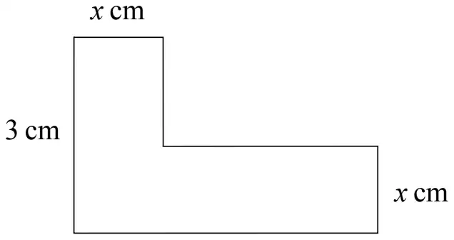 L-shaped shape: overall width 4 cm and height 3 cm; the top part is x cm wide and the right-hand part is x cm high