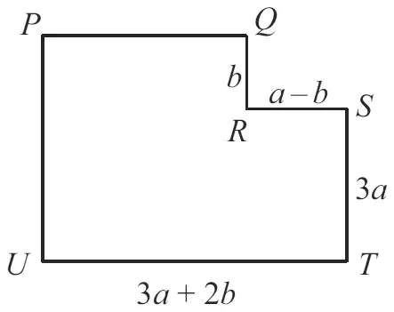 L-shaped figure PQRSTU with QR = b, RS = a - b, ST = 3a and TU = 3a + 2b