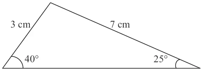 Triangle with sides 3 cm and 7 cm, base angles 40 degrees and 25 degrees
