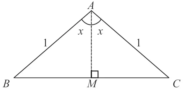 Isosceles triangle ABC with AB = AC = 1, AM perpendicular to BC at its midpoint M, and angles BAM and MAC both x