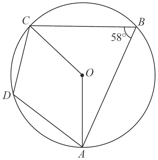 Circle centre O with points A, B, C and D on the circle; lines AB, BC, CD, DA, OA and OC; angle ABC = 58 degrees
