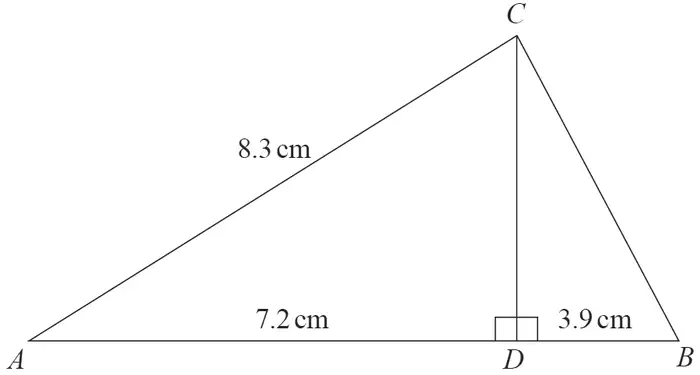 Triangle ABC with D on AB and CD perpendicular to AB; AC = 8.3 cm, AD = 7.2 cm, DB = 3.9 cm