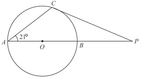 Circle centre O with diameter AB extended to P; PC is a tangent at C; chord AC with angle BAC = 21 degrees
