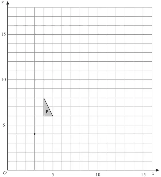 Grid with x from 0 to 16 and y from 0 to 18; triangle P with vertices (4, 6), (5, 6) and (4, 8); a dot at (3, 4)