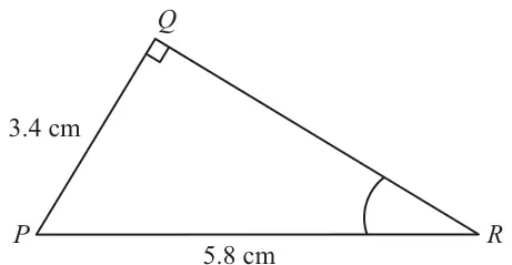 Triangle PQR with a right angle at Q, PQ = 3.4 cm, PR = 5.8 cm and angle QRP marked