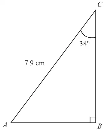Right-angled triangle ABC with right angle at B, AC = 7.9 cm and angle C = 38°