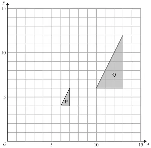 Grid with x and y from 0 to 15 showing triangles P and Q