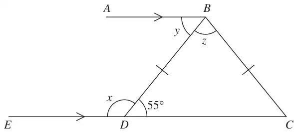 AB parallel to EDC; triangle BDC with BD = BC; angle x at D on the E side, angle BDC = 55°, angle y between BA and BD, angle z = DBC