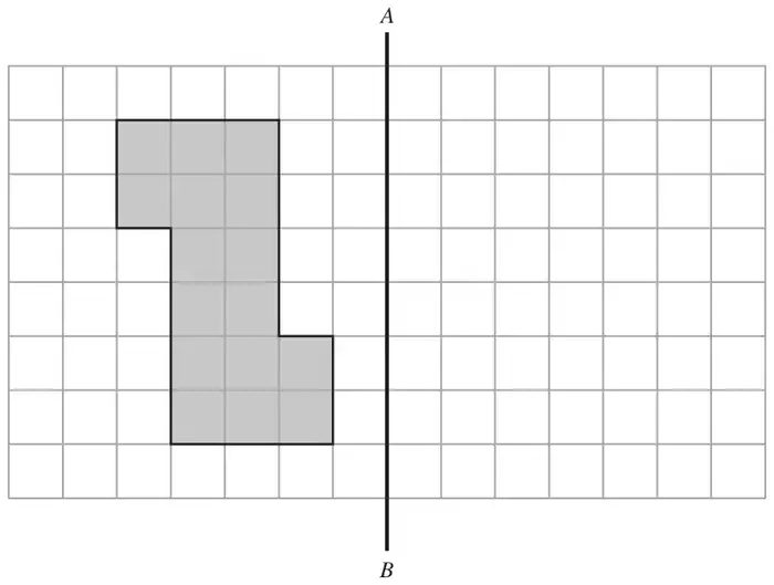 Centimetre grid with a shaded shape made of squares to the left of a vertical line AB