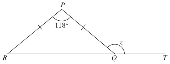 Isosceles triangle PQR with angle RPQ = 118°; RQ extended to T; angle z is angle PQT