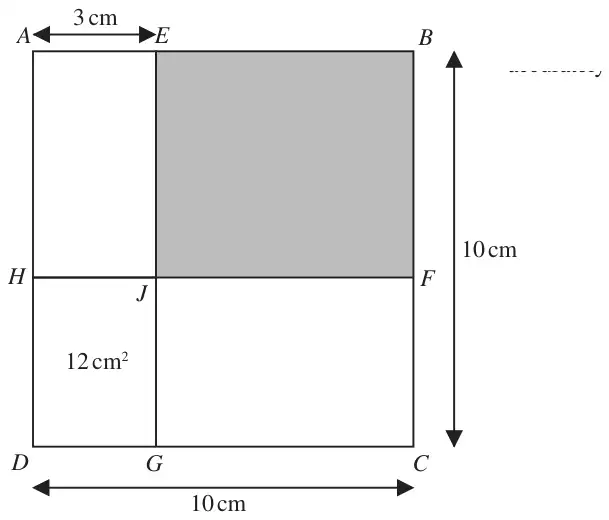 Square ABCD of side 10 cm divided by lines EJG and HJF into four rectangles; AE = 3 cm; rectangle DHJG has area 12 cm squared; rectangle EBFJ is shaded