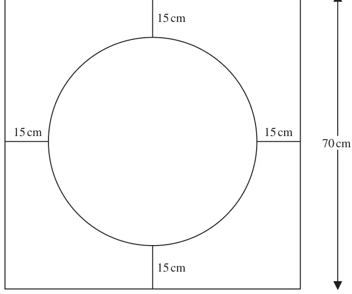 Square of side 70 cm with a circle inside; four straight pieces of 15 cm join the middle of each side of the square to the circle