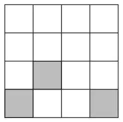 4 by 4 square grid with 3 squares shaded: row 3 column 2, row 4 column 1 and row 4 column 4