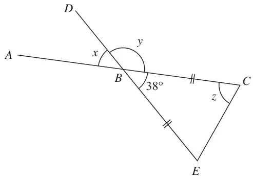 Straight lines ABC and DBE crossing at B, with angles x, y and 38° at B, triangle BCE with BC = BE and angle z at C