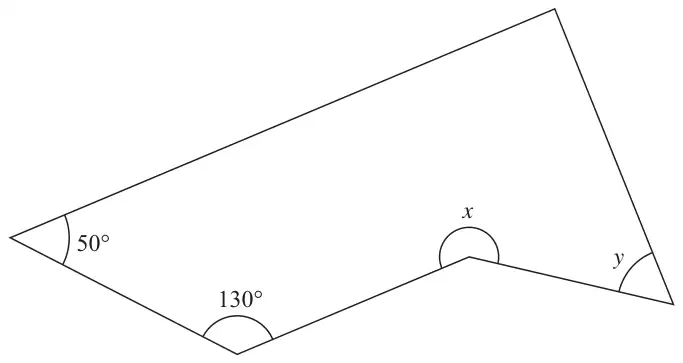 Quadrilateral-shaped figure with angles 50° and 130°, a reflex angle x and an angle y