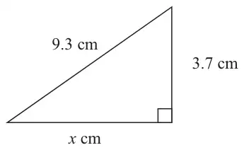 Right-angled triangle with hypotenuse 9.3 cm, one shorter side 3.7 cm and the other x cm