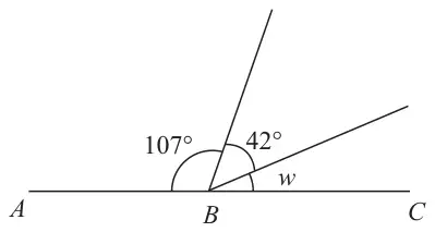 Straight line ABC with two lines from B making angles 107°, 42° and w