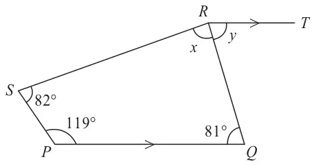 Quadrilateral PQRS with angle S 82°, angle P 119°, angle Q 81°; angle x at R inside the quadrilateral and angle y between RQ and the line RT, which is parallel to PQ