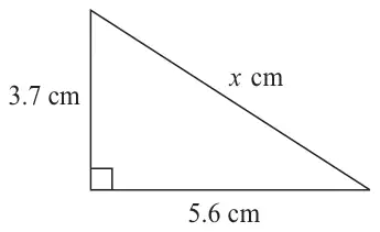 Right-angled triangle with shorter sides 3.7 cm and 5.6 cm and hypotenuse x cm