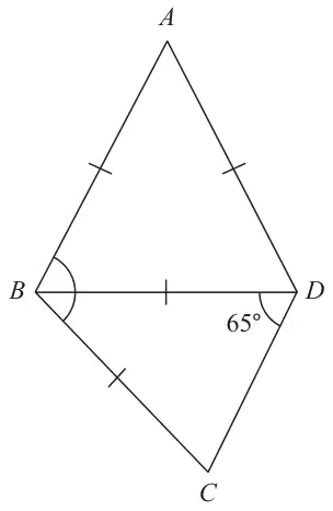 Triangle ABD with equal sides marked, and triangle BCD below BD with BC = BD and angle BDC = 65°