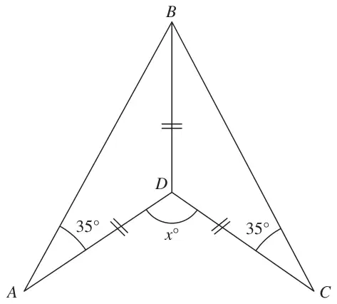 Quadrilateral ABCD made of two isosceles triangles ABD and CBD with DA = DB = DC; angles BAD and BCD are 35°; angle ADC = x° marked