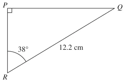 Right-angled triangle PQR with the right angle at P; RQ = 12.2 cm; angle PRQ = 38°