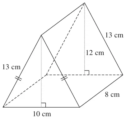 Triangular prism; cross-section an isosceles triangle with sides 13 cm, 13 cm and 10 cm and perpendicular height 12 cm; length 8 cm
