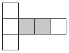Shape of 6 centimetre squares: a column of 3 squares with a row of 3 more squares to the right of the middle square; the two squares next to the column are shaded