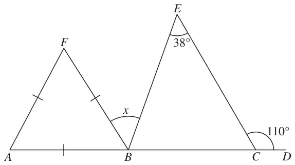Equilateral triangle ABF and triangle BCE on the straight line ABCD; angle BEC = 38°, angle ECD = 110°, angle x between BF and BE