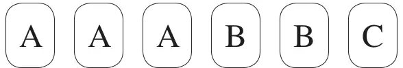 Six counters with letters A, A, A, B, B, C