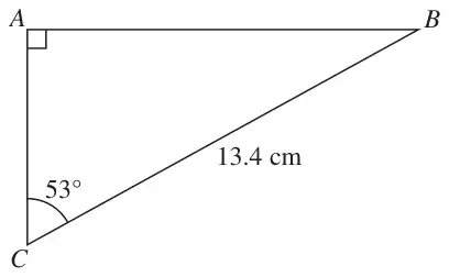 Right-angled triangle ABC with the right angle at A; CB = 13.4 cm and angle ACB = 53°