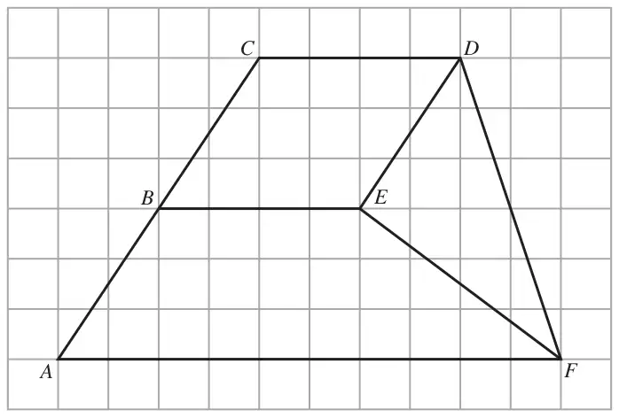 Square grid with points A, B, C, D, E, F joined to form quadrilaterals ABEF and BCDE and triangle DEF