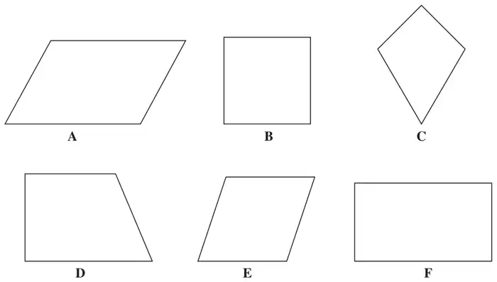 Six quadrilaterals: A a parallelogram, B a square, C a kite, D a trapezium, E a rhombus, F a rectangle