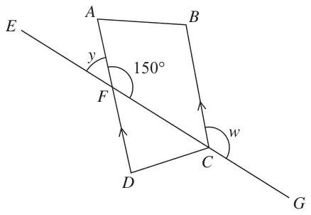 Quadrilateral ABCD with DA parallel to CB; line EFCG crosses AD at F, with angle 150° at F and angles y and w marked
